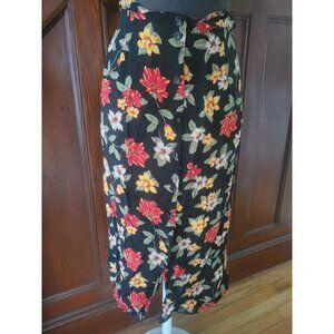 Sag Harbor Floral Button-Front Midi Skirt Womans Size XL Black Multicolor Polyes